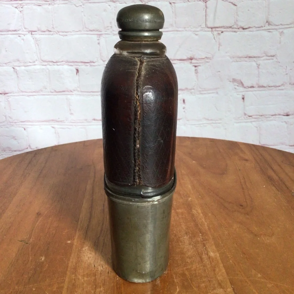 Antique 1860’s Civil War Era Leather Glass Pewter Hip Flask With Removable Cup